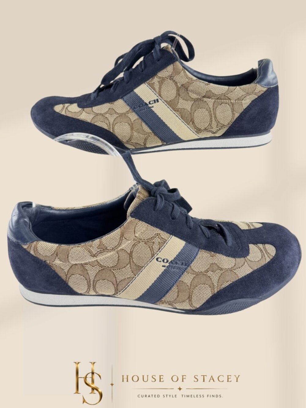 Coach Signature Sneakers Brown Canvas Navy Suede Lace Up Flats